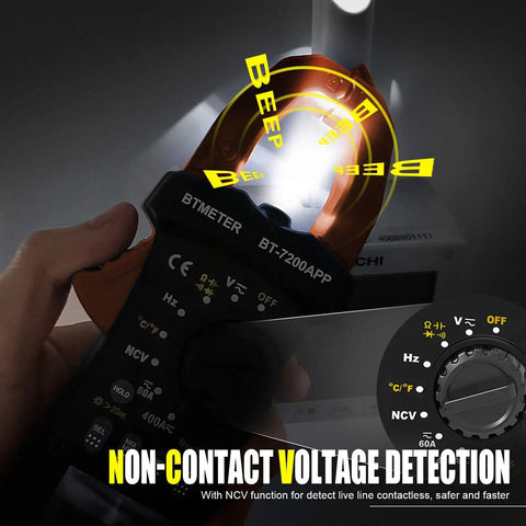 Smart TRMS 6000 Counts Clamp Meter With App Hookup detecting voltage with NCV, showing beep warnings and rotary dial settings.