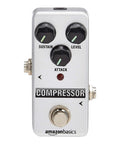 Front view of Compact Analog Guitar Compressor Pedal With True Bypass Durable Aluminum Build Sleek Silver Finish with knobs.