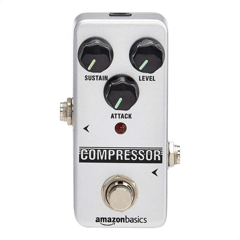 Front view of Compact Analog Guitar Compressor Pedal With True Bypass Durable Aluminum Build Sleek Silver Finish with knobs.