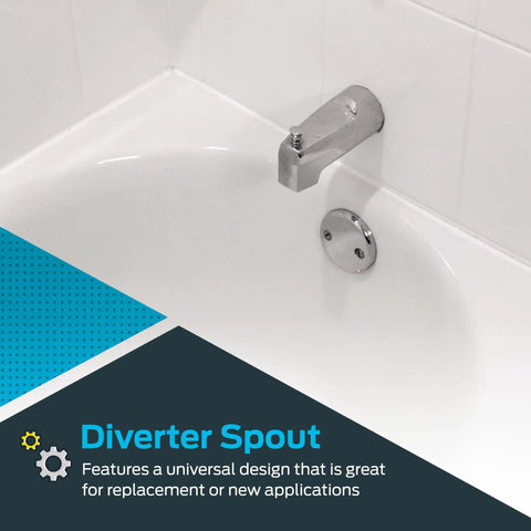Slide On Chrome Bath Tub Diverter Spout With Zinc Body For Easy Slip On Installation 5-3/8 Inch Length Universal 1/2 Inch Copper Pipe Fit Includes Hex Wrench And Set Screw For Quick Replacement installed on white bathtub