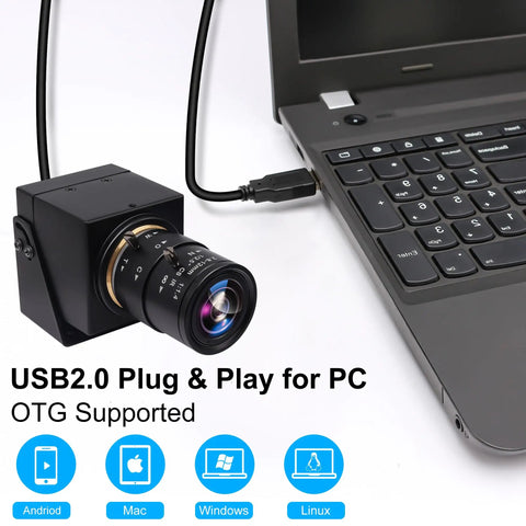 4K Webcam With Dual HDMI USB Interface Manual Zoom 2.8-12mm CS Mount Lens connected to a laptop, showing versatile OS support