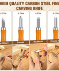 Starter Wood Carving Kit For Beginners And Kids, 20 Piece Set With Eight Whittling Knives Showing Carbon Steel Blades In Action