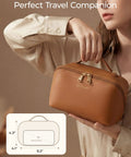 Woman holding Go To Large Makeup Bag Travel Cosmetic Organizer In PU Leather Flat Open Toiletry Case For Women Wide Opening Pouch
