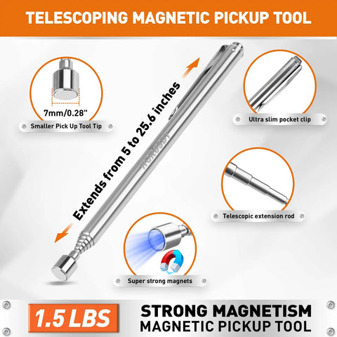Heavy Duty 4 In 1 Magnetic Pick Up Tool Kit With Flexible Claw Grabber And 360 Degree Inspection Mirror For Getting Groceries Or Garage Items In Tight Spots Without Bending Over, telescopic steel rod