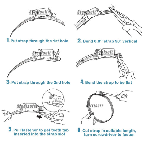 STEELSOFT stainless steel DIY band clamp system six-step installation diagram with strap and fasteners
