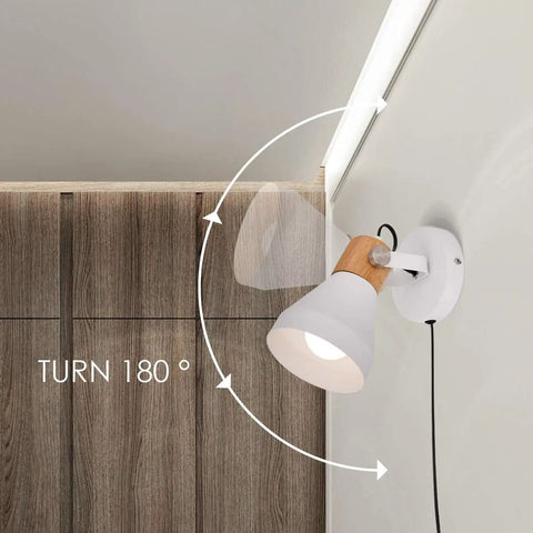 Wooden Plug In Wall Sconce Set Of 2 Matte White Chic Rotatable 360 Degree Wall Lamps With On Off Cord Switch shown mounted on wall