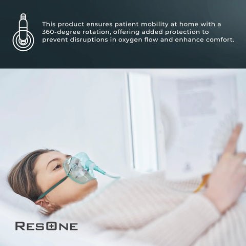 Oxygen therapy mask on patient in bed with tubing; ResOne logo visible