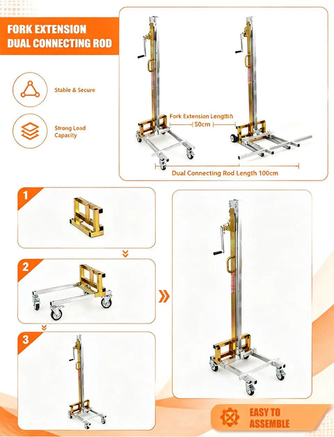 Heavy Duty Portable Lift Trolley With Manual Winch And Forks, Ultimate 80kg Material Handler For warehouse equipment positioning.