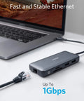 Dual 4K USB C Docking Station For Laptops With 2 HDMI Ports, 8 In 1 Hub, 85W Power Delivery, Ethernet, SD Card Reader shown with laptop