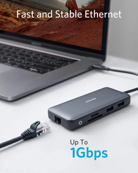Dual 4K USB C Docking Station For Laptops With 2 HDMI Ports, 8 In 1 Hub, 85W Power Delivery, Ethernet, SD Card Reader shown with laptop