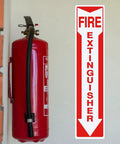 10 Pack Fire Extinguisher Sign With Vertical Red And White Down Arrow, 4 By 18 Inches, Permanent Self Adhesive Vinyl displayed on wall