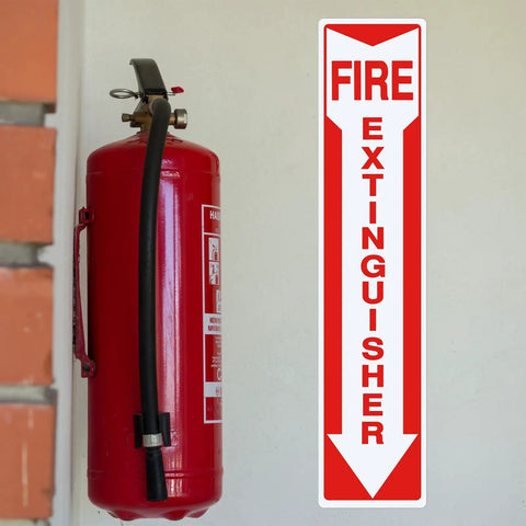 10 Pack Fire Extinguisher Sign With Vertical Red And White Down Arrow, 4 By 18 Inches, Permanent Self Adhesive Vinyl displayed on wall