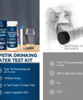 18 In 1 Water Test Strips Kit For Home And Well Water, 125 Strips with packaging and test tube displayed on a table.