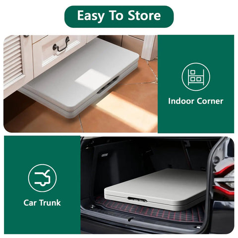 Heavy Duty 4 Foot Folding Table With Fold In Half Design Adjustable Height Grab And Go Portable Utility Table stored under sink and in car trunk
