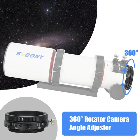 Camera Angle Adjuster For SV550 80mm F6 Scope, 360 Degree Rotator With M63 Thread displayed with telescope illustration.