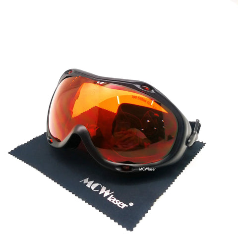 OD5 Plus Laser Safety Glasses for 190 to 540 Nm Absorption Type Protective Goggles With 50 Percent Visible Transmittance for Ultraviolet Violet Blue Green Laser Wavelengths 355 405 445 450 473 515 520 532 Nm CE Certified EP3 Style 10 displayed on black microfiber cloth.