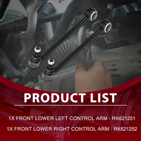 Solid Front Lower Control Arm Kit For 08-13 Chevy Caprice And Pontiac Models RK621251 621252 Heavy Duty Rearward Arms Replace OEM Numbers For Sweet Handling, two black steel arms