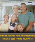 Family outside house with visible address number using Solar Address Sign With Bright LEDs For Outdoors Four Digit Address Plaque.
