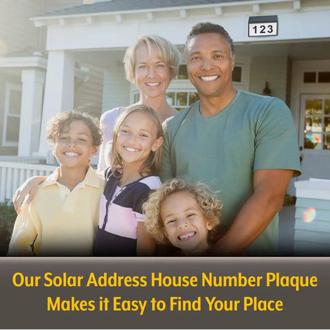 Family outside house with visible address number using Solar Address Sign With Bright LEDs For Outdoors Four Digit Address Plaque.