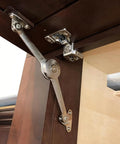 Soft Close Cabinet Hinges 2 Pack Zinc Alloy Lid Support Stays with metal arm and hinge installation on cabinet.