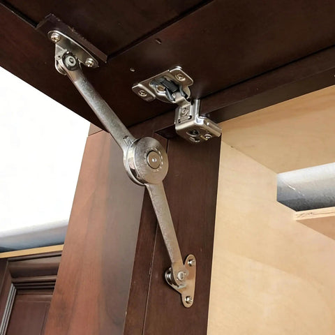 Soft Close Cabinet Hinges 2 Pack Zinc Alloy Lid Support Stays with metal arm and hinge installation on cabinet.