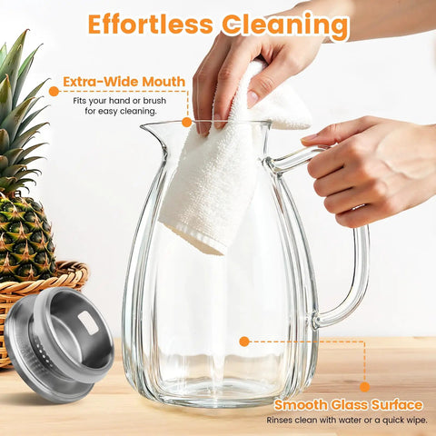 2.2L Glass Pitcher With Lid And Handle, Borosilicate Water Carafe, Stainless Steel Dual Filter Lid, Heat Resistant