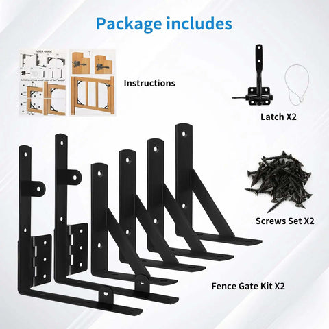 Package contents of Heavy Duty Gate Hardware Set With Beefy Anti Sag Corner Braces for Wooden Fences including hinges and screws