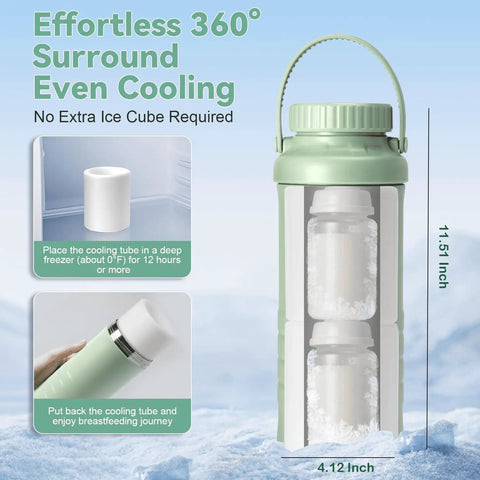Portable Breast Milk Cooler With 24 Hour 360 Chill Technology 22 Oz No Ice Pack Nursing Bottle with cooling tube and milk storage.