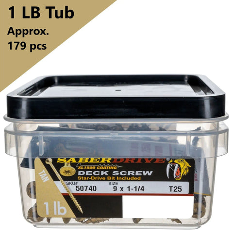 Number Nine Two And A Half Inch Tan Exterior Deck Screws With Star Drive XL1500 Coating For Outdoor Projects Pro Grade DIY Friendly Multi Purpose Exterior Fasteners One Pound Pack Approximately Eighty Eight Pieces in a clear 1 lb container with label showing SKU 50740 and T25.