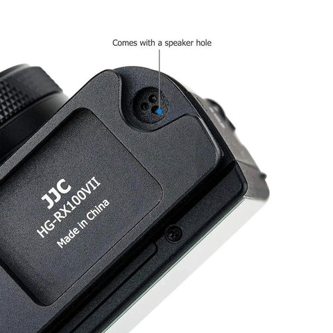 Beefy Solid Metal Hand Grip Bracket With Anti Slip Pads For Sony RX100 VII RX100M7 Camera, featuring speaker hole and tripod socket.