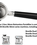 Top Shelf 58mm Bottomless Portafilter featuring a tight wooden grip, solid steel for Breville machines, compatible with Oracle.