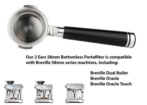 Top Shelf 58mm Bottomless Portafilter featuring a tight wooden grip, solid steel for Breville machines, compatible with Oracle.