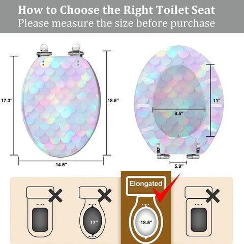Elongated Resin Toilet Seat for Bathroom showing size dimensions 14.5" x 18.5" with installation guidelines.
