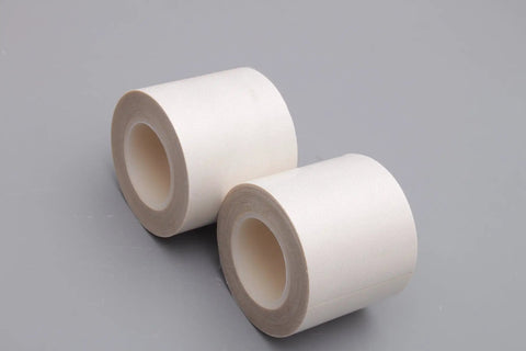 Two rolls of White PTFE Tape For High Temp Seals, Nonstick Fiberglass Adhesive Tape, 2 Inch Wide By 10 Meters Long, shown side by side.