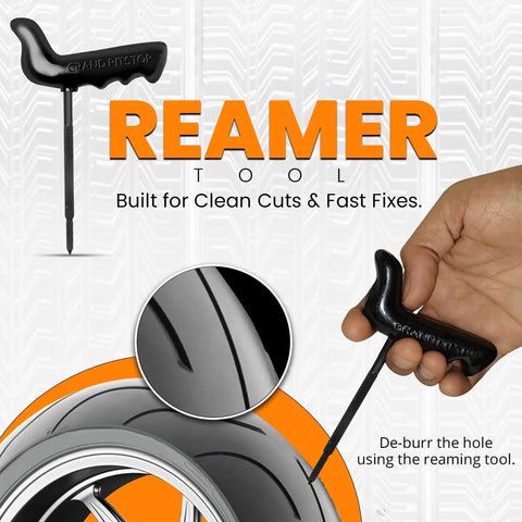Person using reamer tool from DIY Tubeless Tire Repair Kit With Mushroom Plug Gun For Punctures And Flats On Cars Motorcycles ATVs Trucks And Tractors 15 Plugs Green Easy Quick Roadside Fix For Punctured Tires