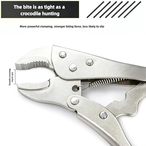 Close-up of open jaw 4 Inch Locking Pliers With Curved Jaw And Wire Cutter, Pro Grade Chromium Vanadium Steel for heavy-duty use