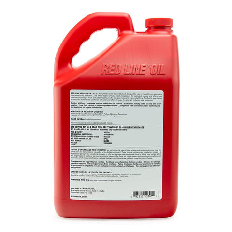Red Line MT-90 75W-90 GL-4 Manual Transmission And Transaxle Lubricant MTL One Gallon bottle with label and specifications.