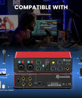 Red 4 In 2 Out USB Audio Interface With 48V Phantom Power 24Bit 192kHz Recording Quality, home studio setup with guitar and mic.