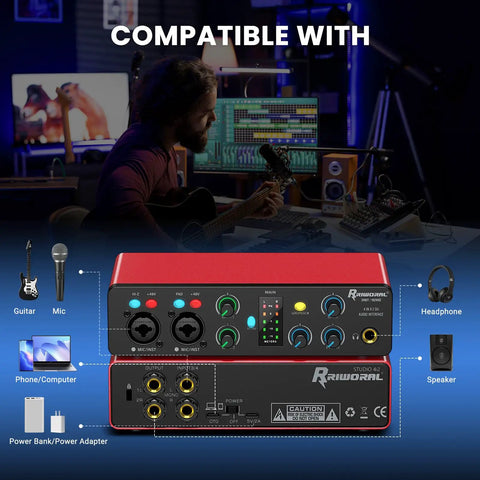 Red 4 In 2 Out USB Audio Interface With 48V Phantom Power 24Bit 192kHz Recording Quality, home studio setup with guitar and mic.