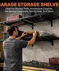 Man organizing tools on Heavy Duty Garage Wall Shelves 46 Inch By 12 Inch Floating Shelves Wall Mounted With 190 Lb Load Capacity