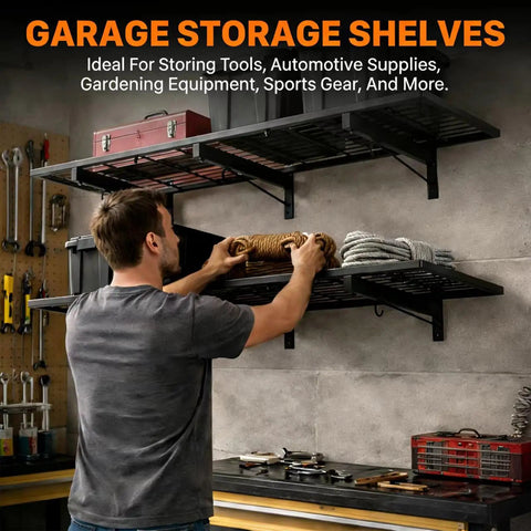 Man organizing tools on Heavy Duty Garage Wall Shelves 46 Inch By 12 Inch Floating Shelves Wall Mounted With 190 Lb Load Capacity