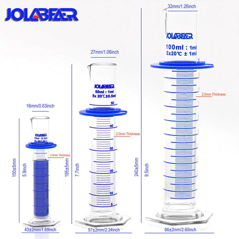 Comprehensive Lab Chemistry Glassware Set For Experiments with 10ml, 50ml, 100ml graduated cylinders displayed with measurement details.