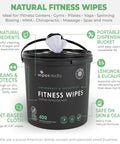 Black bucket of Plant Based Gym Wipes For Fitness Equipment Clean And Sanitize With Lemongrass And Eucalyptus Vinegar, labeled with features.