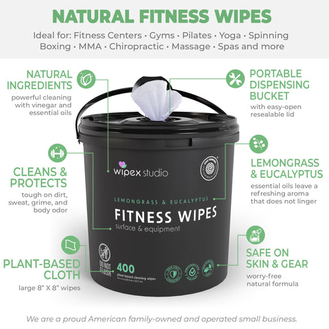 Black bucket of Plant Based Gym Wipes For Fitness Equipment Clean And Sanitize With Lemongrass And Eucalyptus Vinegar, labeled with features.