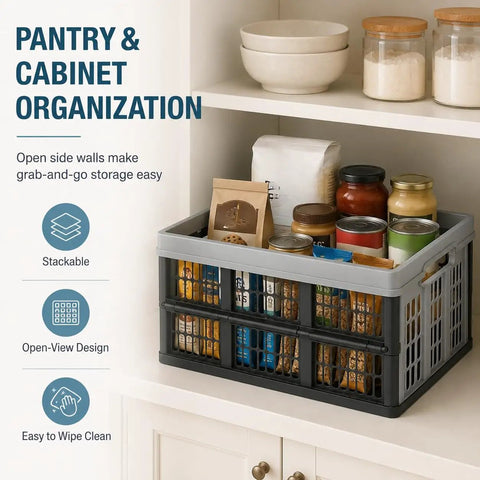 Hella Durable Folding Storage Crate 32L With Grip Handles And Reinforced Bottom in pantry organization with jars and snacks.