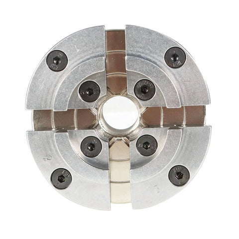 Close-up of 4-Inch 4-Jaw Bevel Gear Chuck With Anti-Release Spindle Lock Reversible 1-Inch X 8-TPI Wood Turning Chuck For Pro Mini Lathe