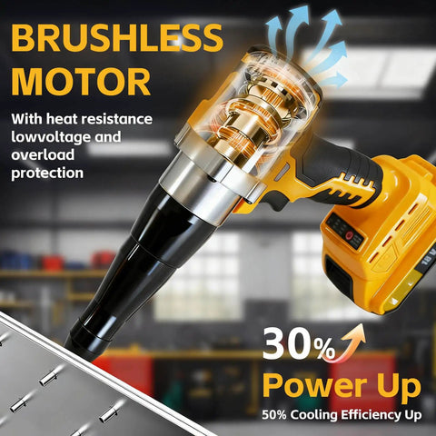 Heavy Duty Cordless Rivet Gun Compatible With DeWalt 20V Battery Tool Only close-up of brushless motor showing heat resistance features.