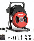 Heavy Duty 50 Foot Sewer Auger With Half Inch Steel Cable, motorized unit and attachments for clearing 2 to 4 inch pipe blockages.