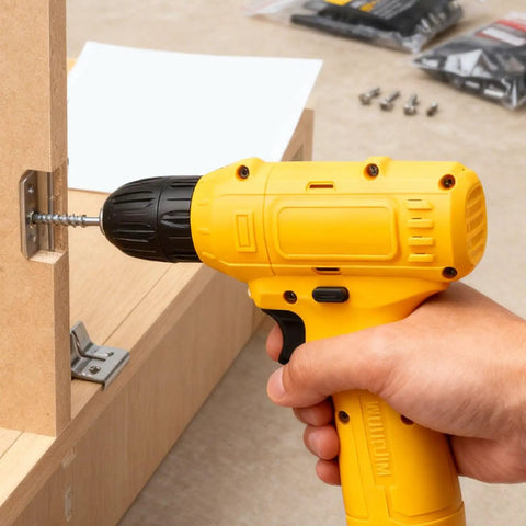 No Sweat Cordless Drill Set With Cushioned Anti Slip Handle And Bulletproof Performance, drilling into wood.