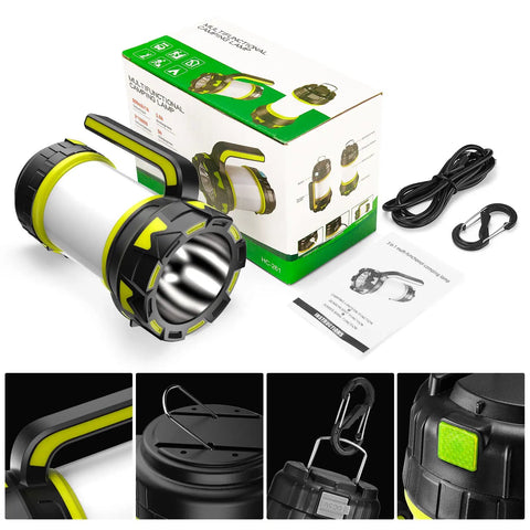 Rechargeable Camping Lantern And Flashlight With 6 Modes, 3000mAh Battery, IPX4 Waterproof, USB Cable Included, box and accessories